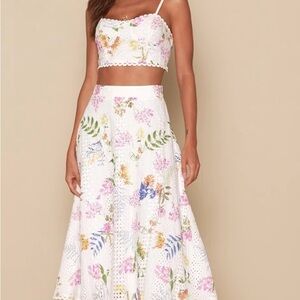 Lulu's White Eyelet Maxi Skirt & Top set, Pink & Multicolor Floral Print, M